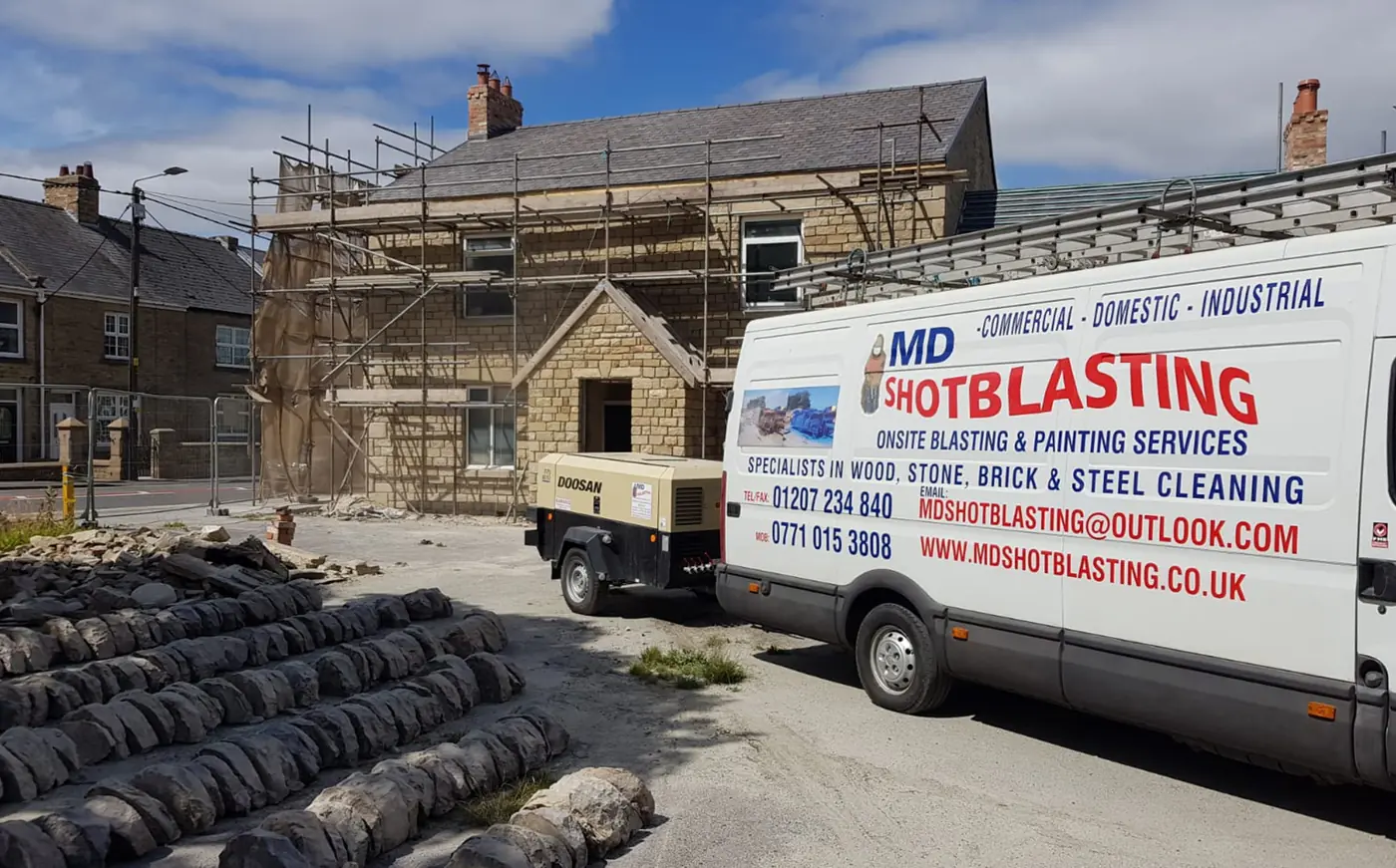 Mobile unit on a stone building restoration job — shot blasting County Durham
